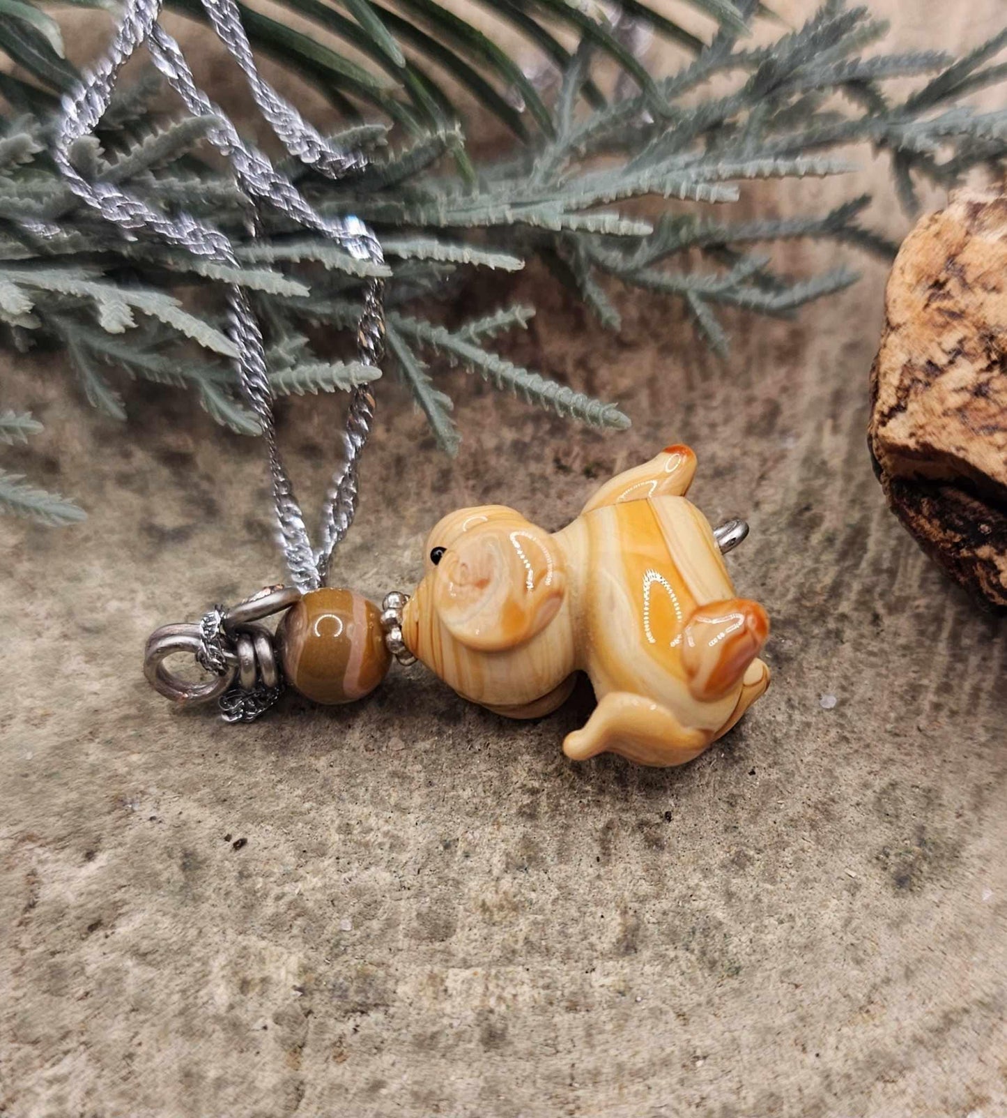 Cute Venetian Glass Hand Blown Dog & Agate Pendant Necklace