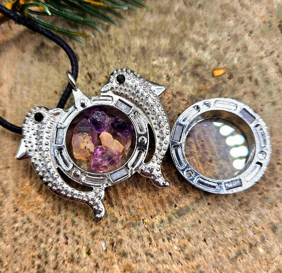 Dolphins Super Seven Raw Stone Floating Locket Necklace