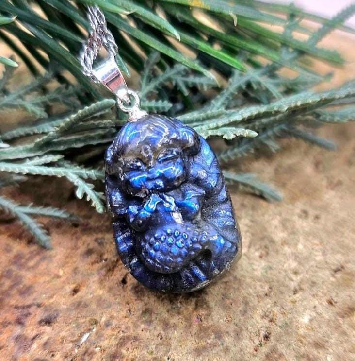 Nature Labradorite Carved Flashy Praying Mermaid Pendant Necklace
