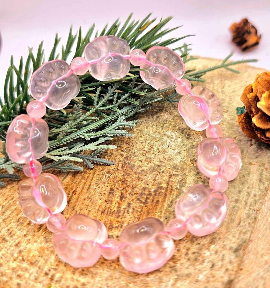 Premium Nature Rose Quartz Carved Cute Paw Beads Bracelet