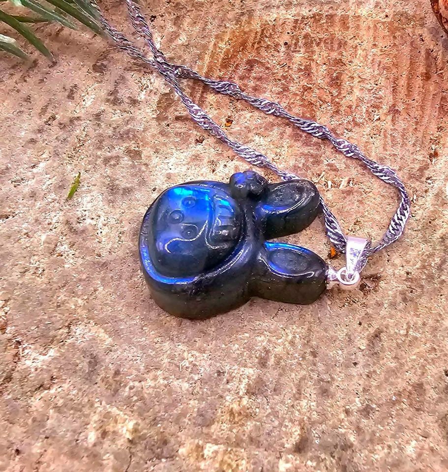 Nature Labradorite Carved Flashy Cute Rabbit Girl Pendant Necklace