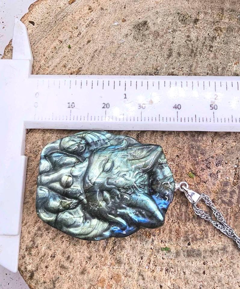 Nature Labradorite Carved Flashy Nine Tail Fox Pendant Necklace