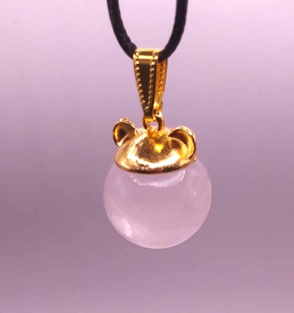 Cute Nature Rose Quartz Sphere Gold Bear Head Pendant Necklace