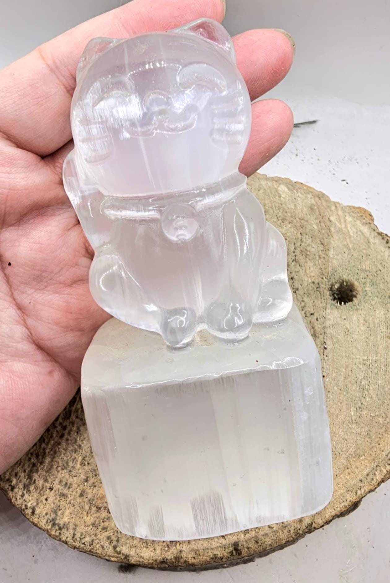 Premium Grade Nature Selenite Hand Carved 4" Fortune Cat Figure