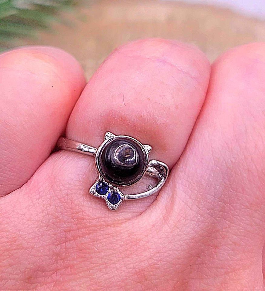 Nature Silver Hypersthene Cute Walking Cat Design Adjustable Ring