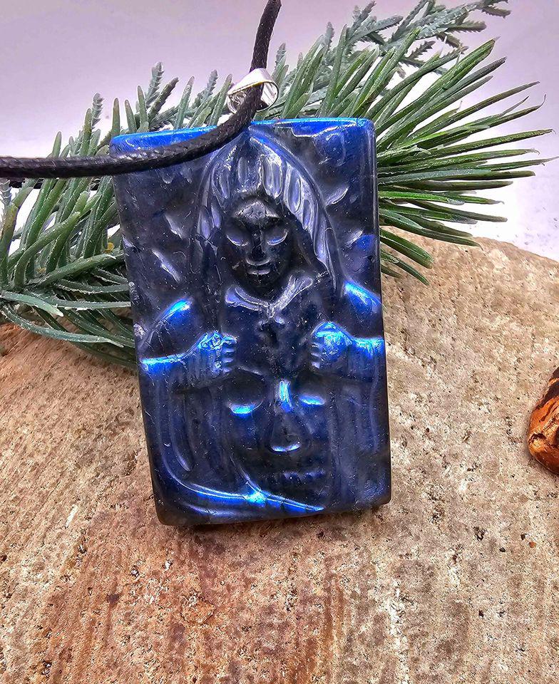 Nature Labradorite Carved Flashy Hidden Evil Monk Pendant Necklace