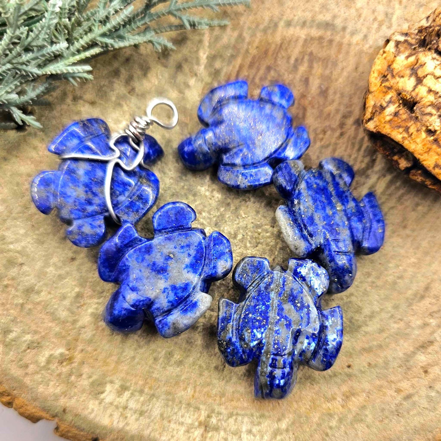 Nature Lapis Lazuli Carved Cute Turtle Wire Wrapped Pendant Necklace