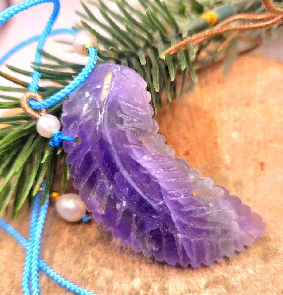 Beautiful Nature Fluorite Carved Purple leaf 2.2" Pendant Necklace