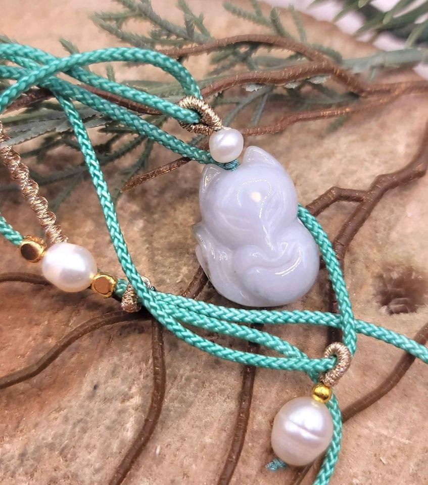 Certified Nature Green Jade Carved Fox Pendant Necklace