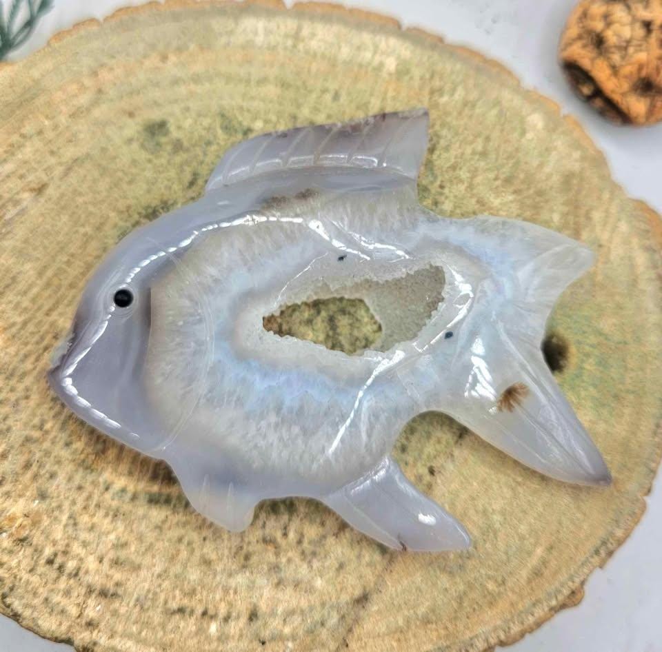 Nature Druzy Agate Hand Carved 4" Fish Figure