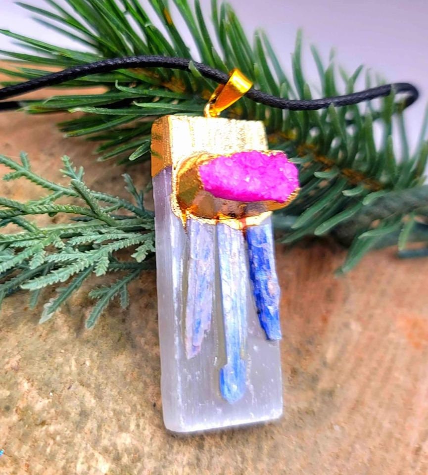 Beautiful Nature Selenite With Kyanite and Pink Geode Gold Cap Pendant Necklace