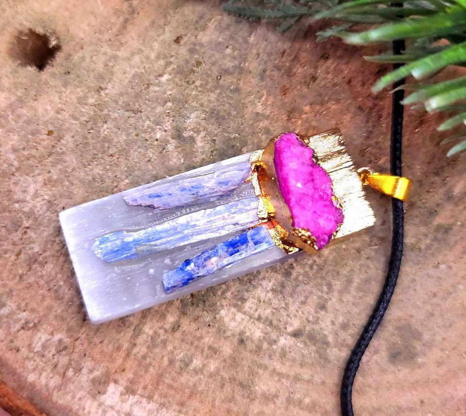 Beautiful Nature Selenite With Kyanite and Pink Geode Gold Cap Pendant Necklace