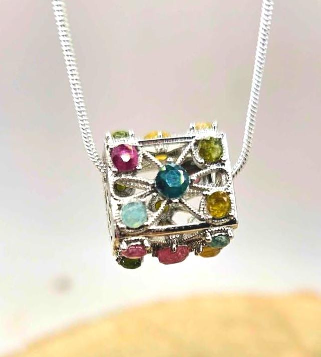 Nature Rainbow Faceted Tourmaline Rectangular Cage Pendant Necklace