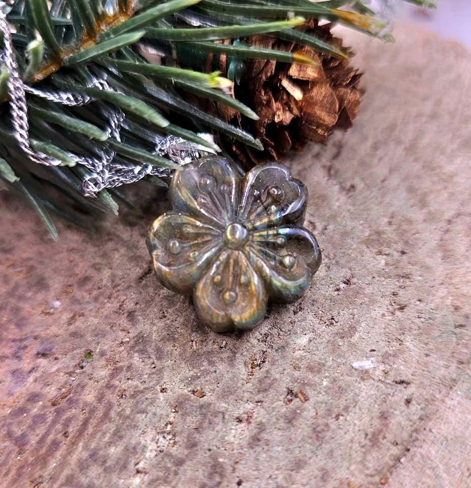 Nature Labradorite Carved Flashy Cherry Blossom Pendant Necklace