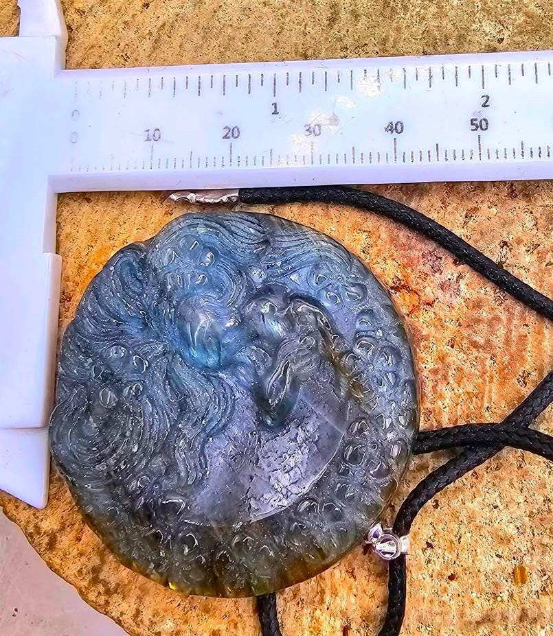 Nature Labradorite Flashy Nine Tails Fox Pendant Necklace
