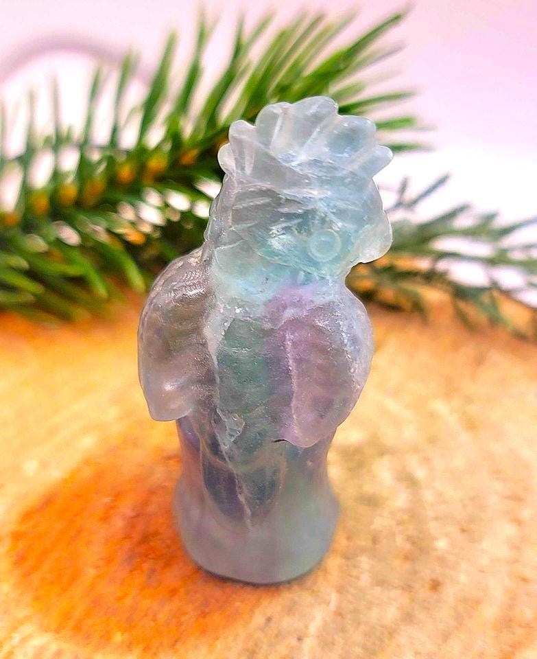 Beautiful Nature Rainbow Fluorite Hand Carved Woodpecker On Tree Stump Figure