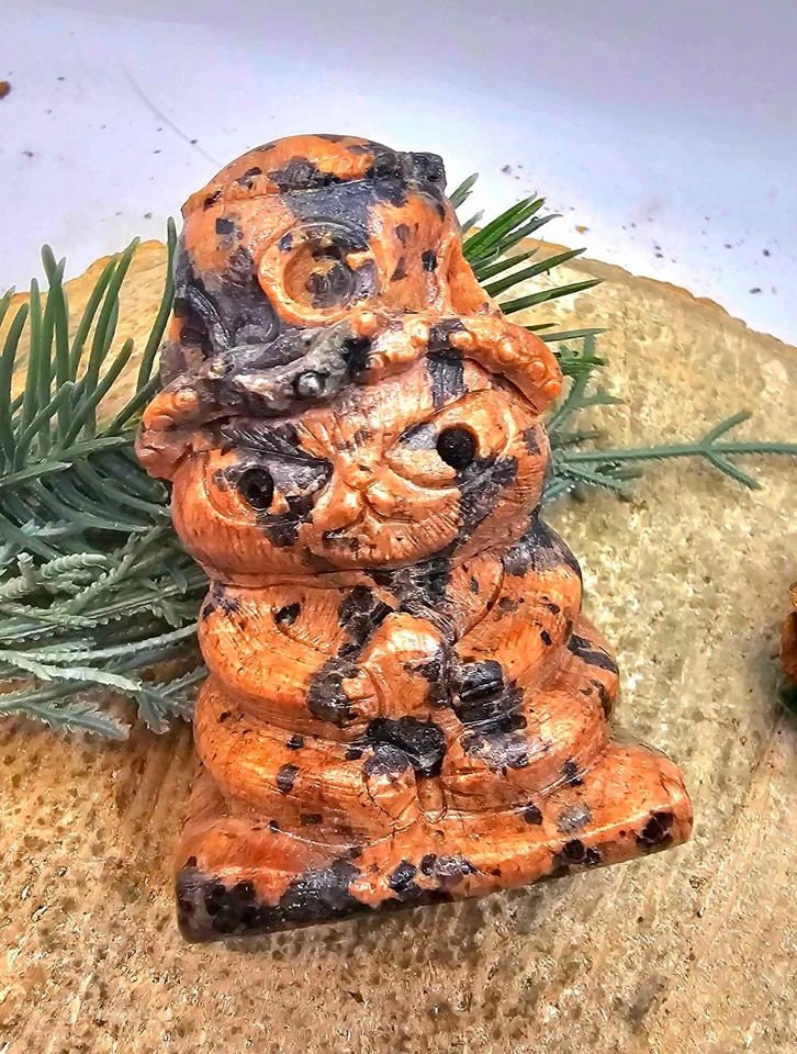 Unique Nature Mahogany Obsidian Carved Neko Ni Tako (Cat God & Octopus) Figure