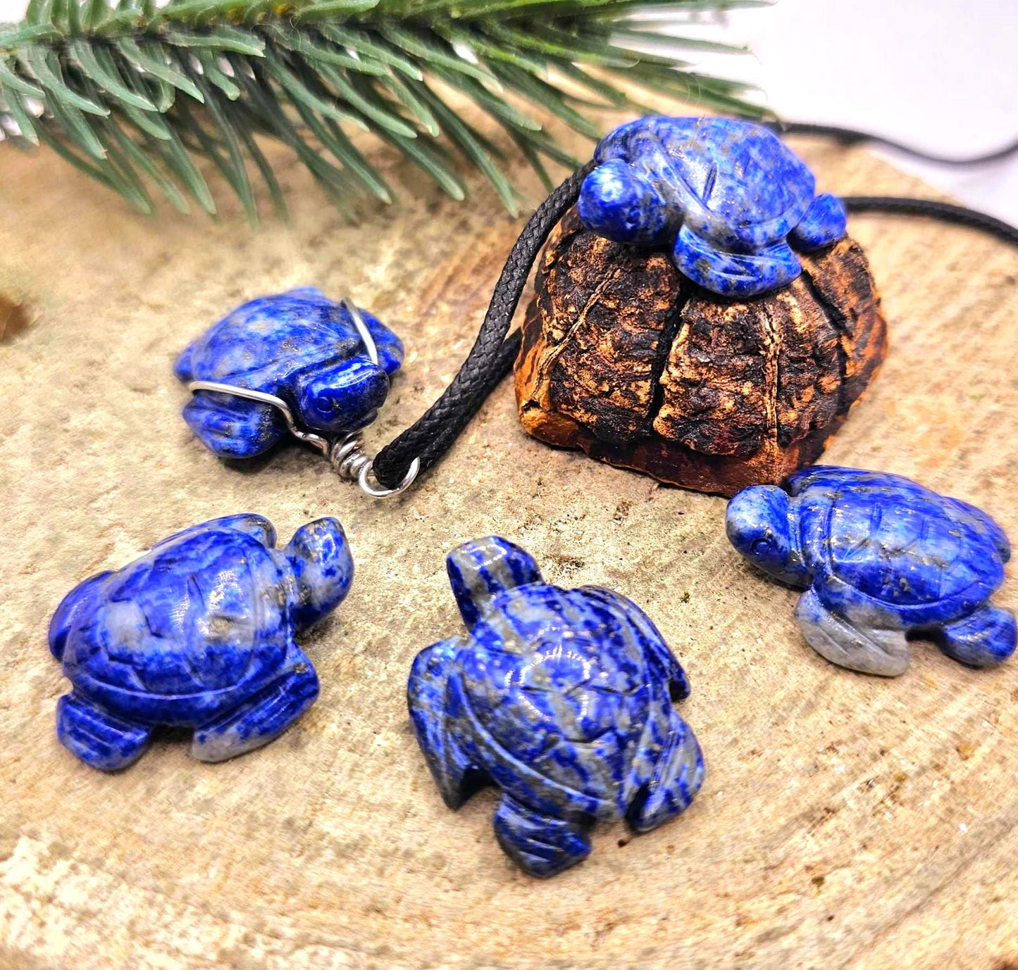 Nature Lapis Lazuli Carved Cute Turtle Wire Wrapped Pendant Necklace