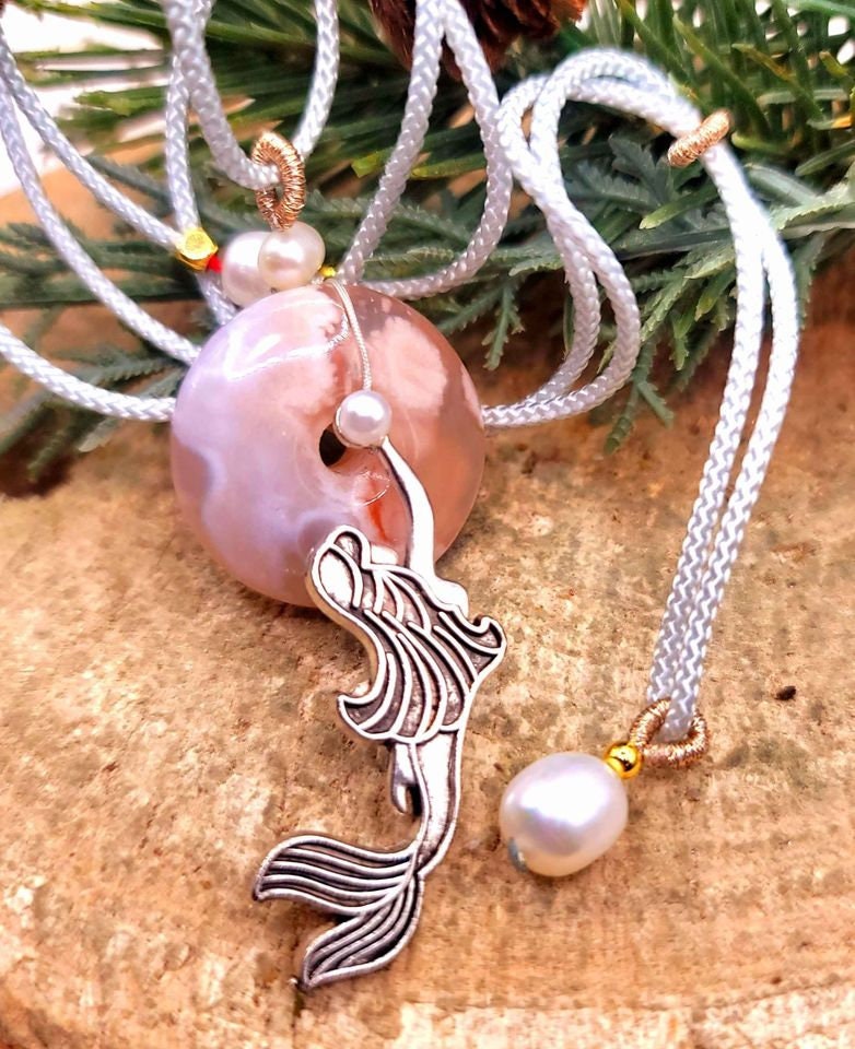 Beautiful Nature Cherry Blossom Agate Donut Swimming Mermaid Pearl Accent Necklace