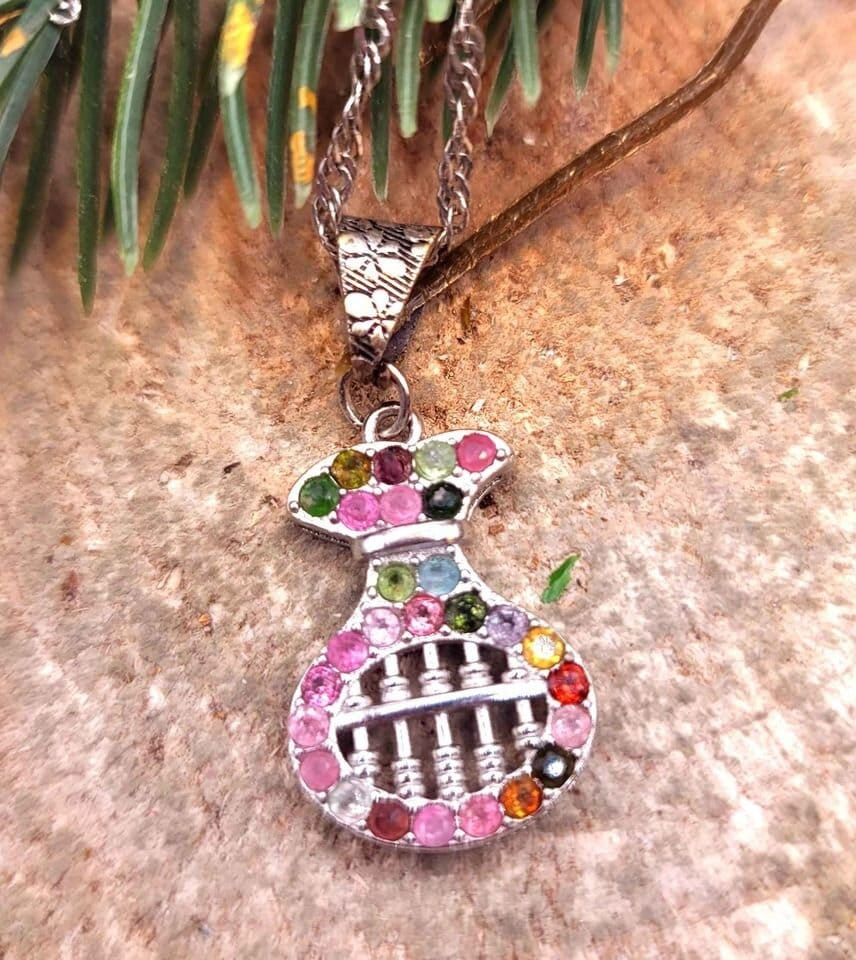 Unique Nature Mixed Color Tourmalines Coin Bag Shape Abacus Pendant Necklace