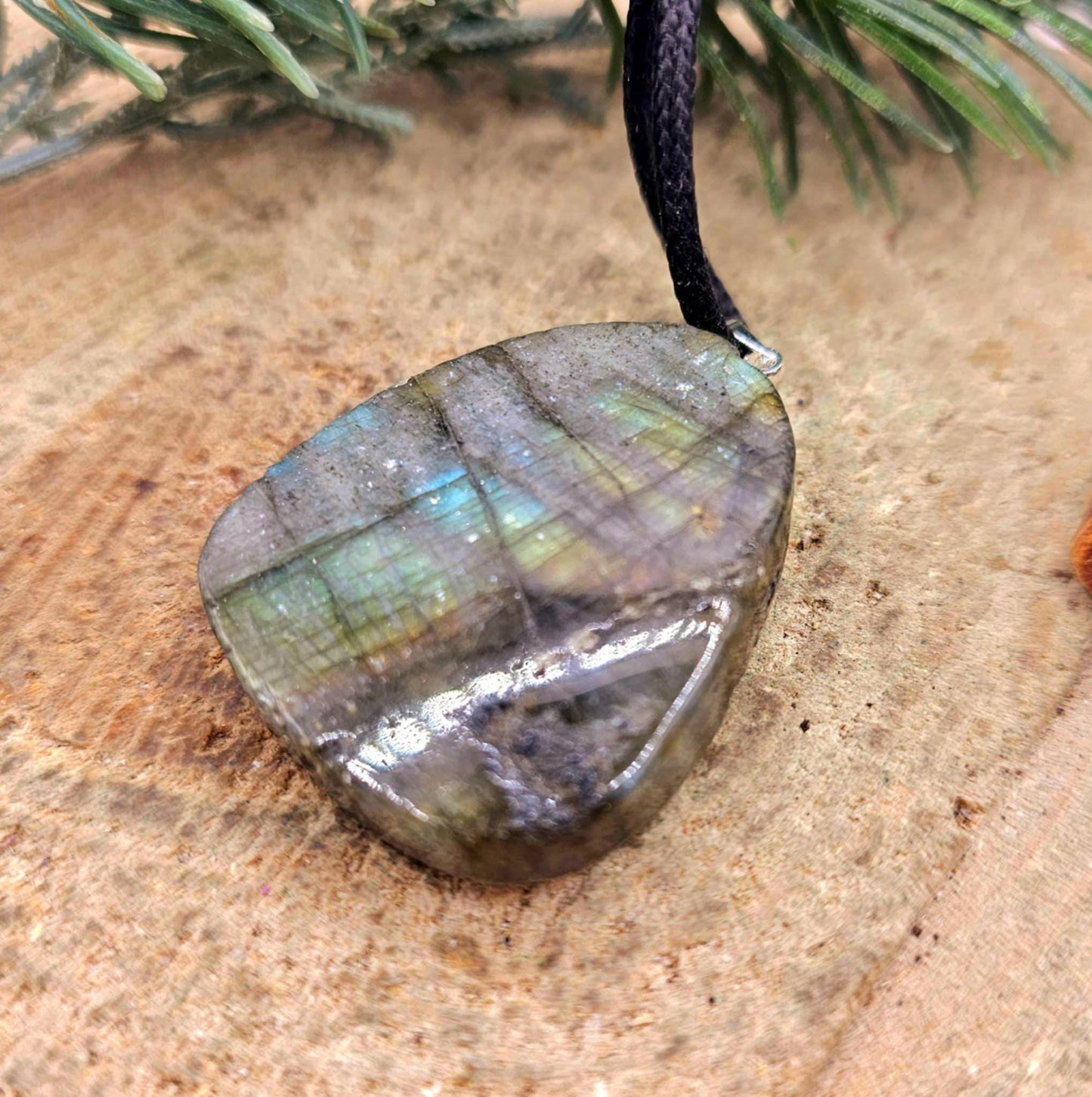 Nature Labradorite Carved Flashy Lotus & Carp Pendant Necklace