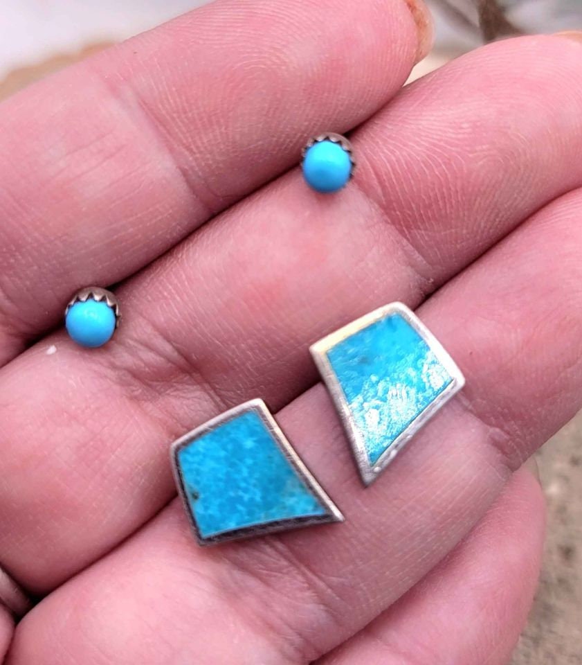 Beautiful 2 Pairs Of Nature Turquoise Diamond & Round Earstuds