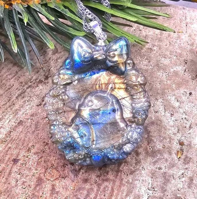 Nature Labradorite Flashy Forest God Portrait Pendant Necklace
