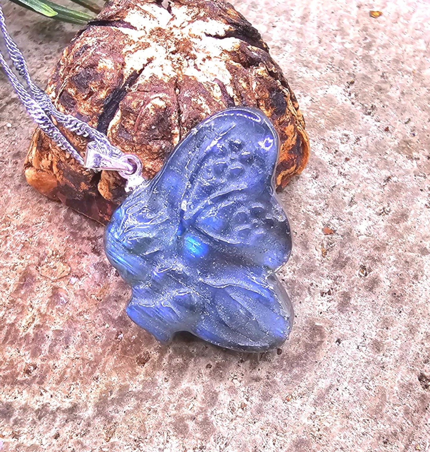 Nature Labradorite Carved Flashy Sleeping Butterfly Fairy Pendant Necklace