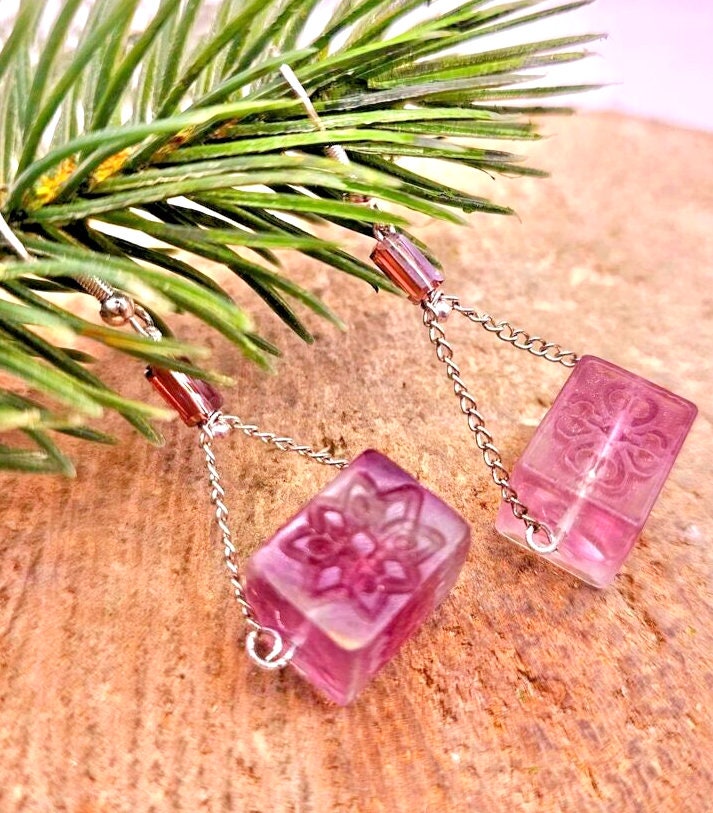 Unique Nature Rainbow Fluorite Blessing Fret Symbols Block S925 Dangle Earring