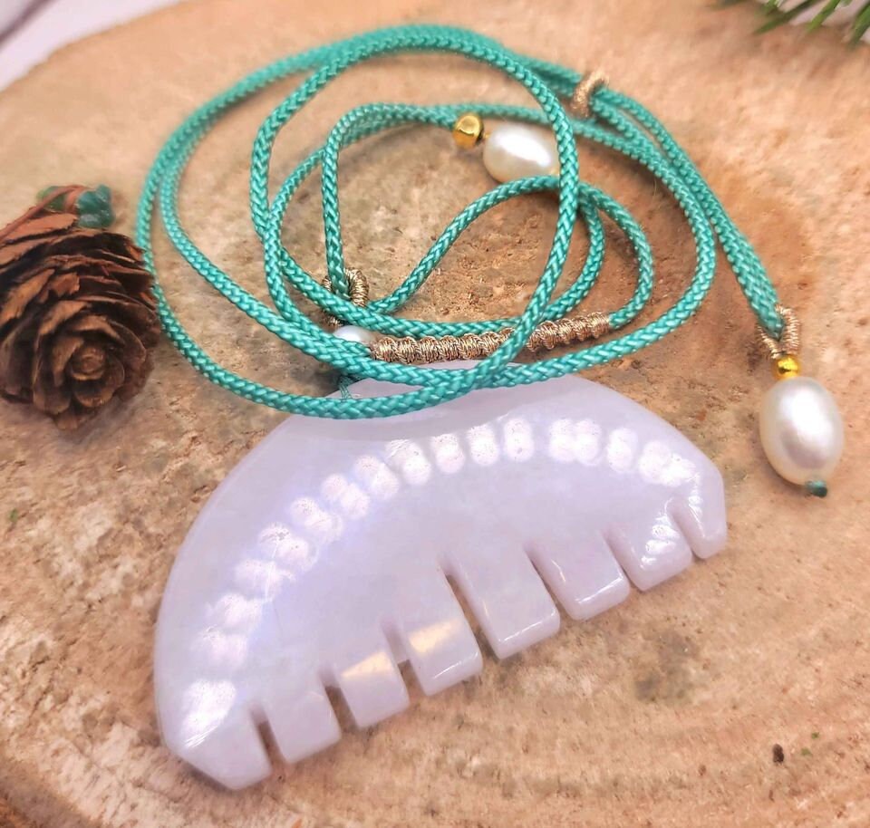 Beautiful Certified Nature Jade Hand Carved Comb Pendant With Pearl Adjustable Necklace