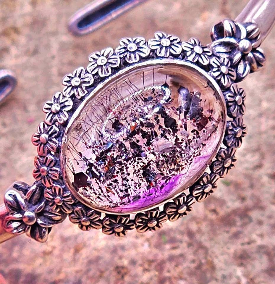 Nature Black Super Seven Crystal Sterling Silver S925 Bangle