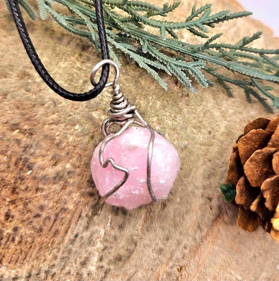 Beautiful Nature Pink Calcite Wire Wrapped Pendant Necklace
