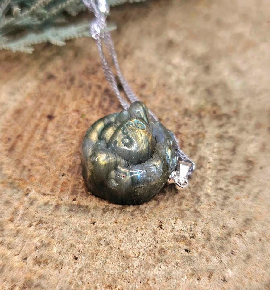 Nature Labradorite Carved Cinnamoroll In Donut Pendant Necklace