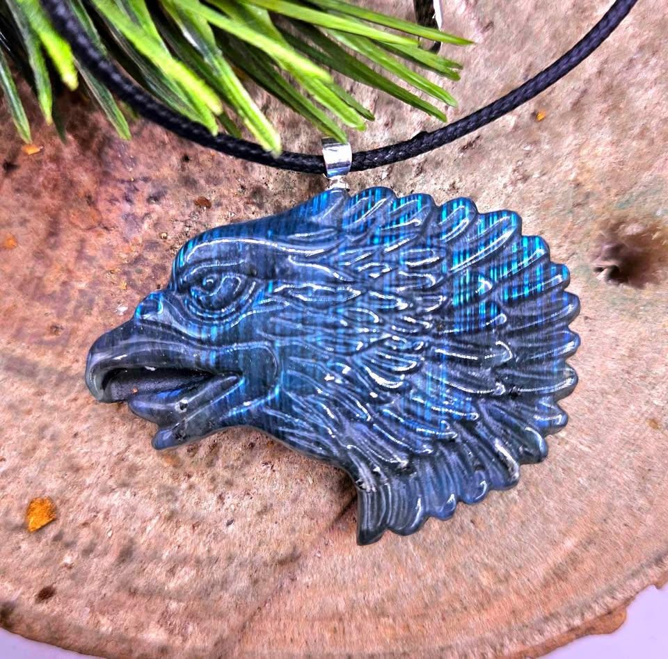 Nature Labradorite Flashy Strong Eagle Head Pendant Necklace