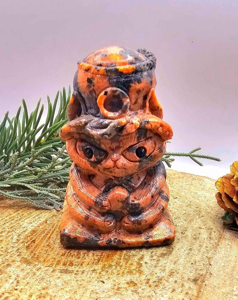 Unique Nature Mahogany Obsidian Carved Neko Ni Tako (Cat God & Octopus) Figure