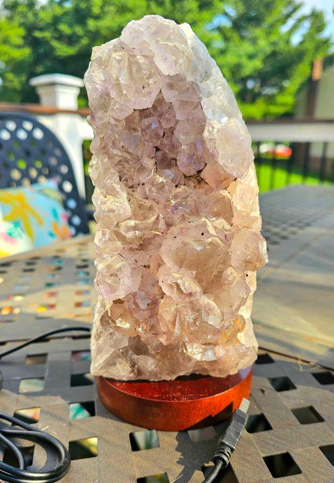 Large Amethyst Geode Cluster Lamp With Wood Lamp Base