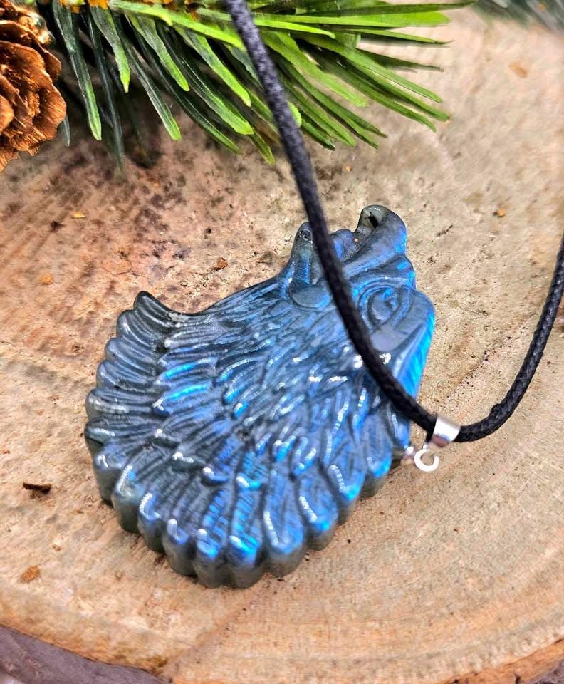 Nature Labradorite Flashy Strong Eagle Head Pendant Necklace