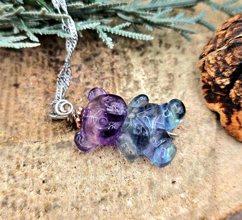 Nature Rainbow Fluorite Carved Bear Pendant Necklace