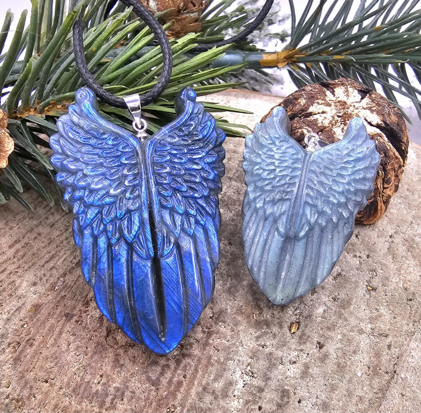 Nature Labradorite Carved Flashy Angel Wing Pendant Necklace