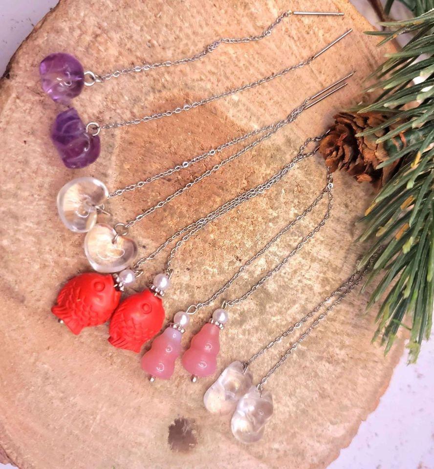 Nature Crystal Stones Hand Carved Dangle Earrings