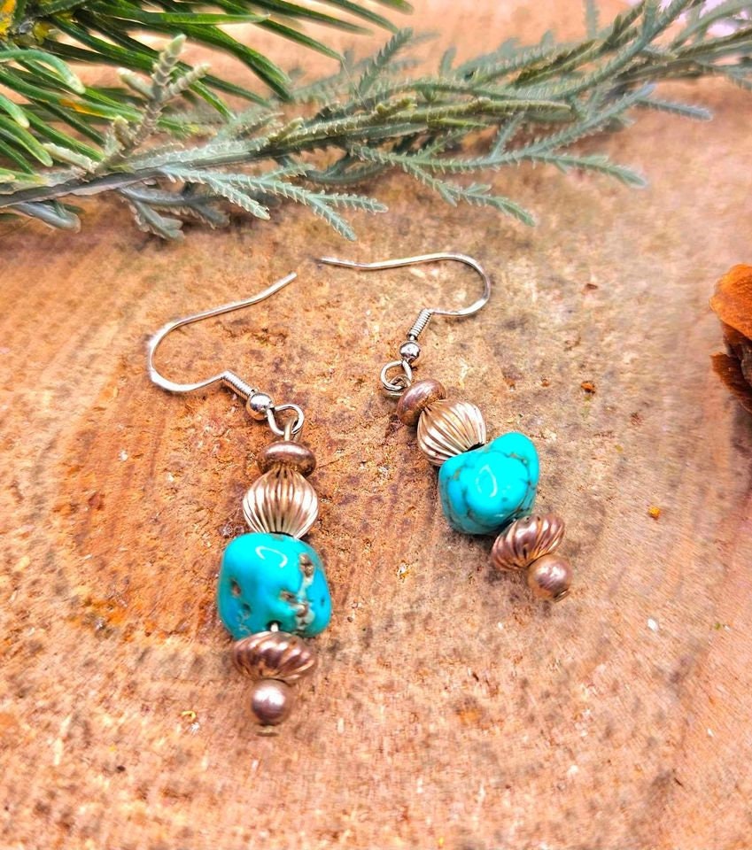 Beautiful Nature Turquoise Raw Stone Sterling S925 Dangle Earring