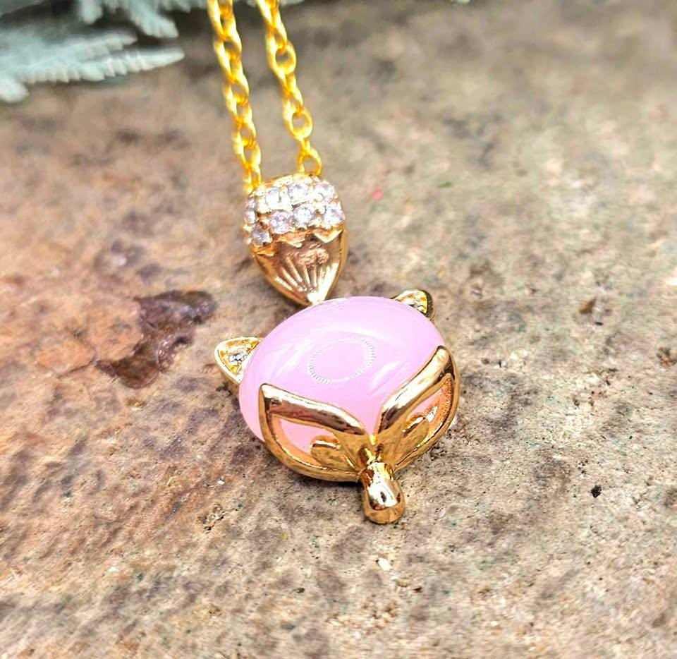 Nature Rose Quartz Gold Tone Fox Pendant Necklace