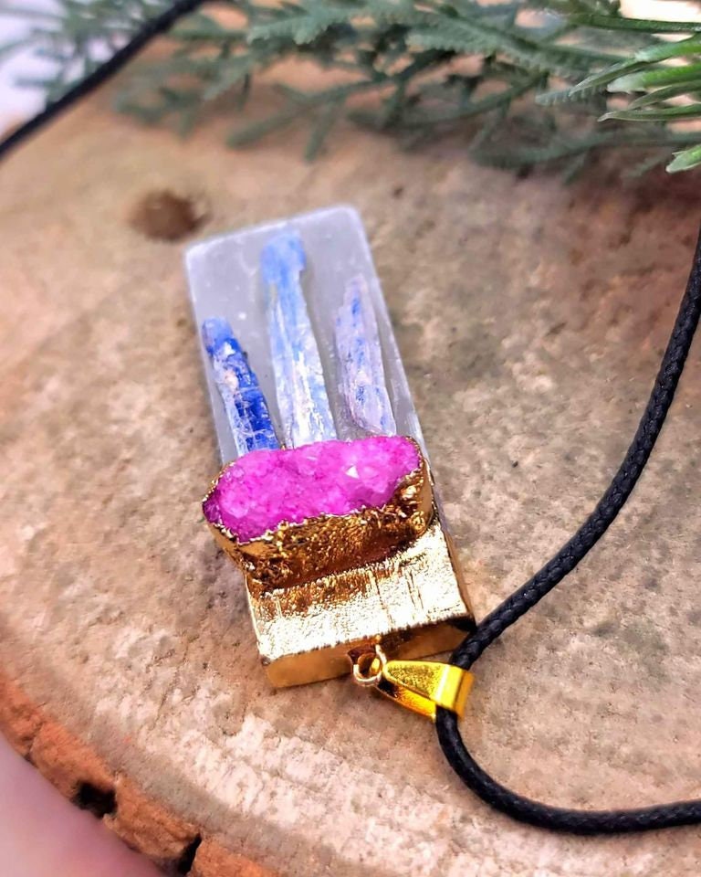 Beautiful Nature Selenite With Kyanite and Pink Geode Gold Cap Pendant Necklace