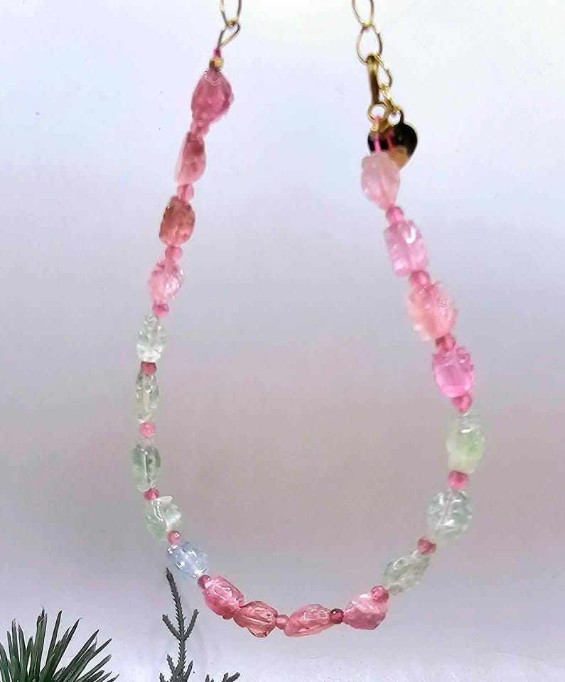 Premium Grade Nature Tourmaline Hand Carve Ruffled Candy 925 Bracelet