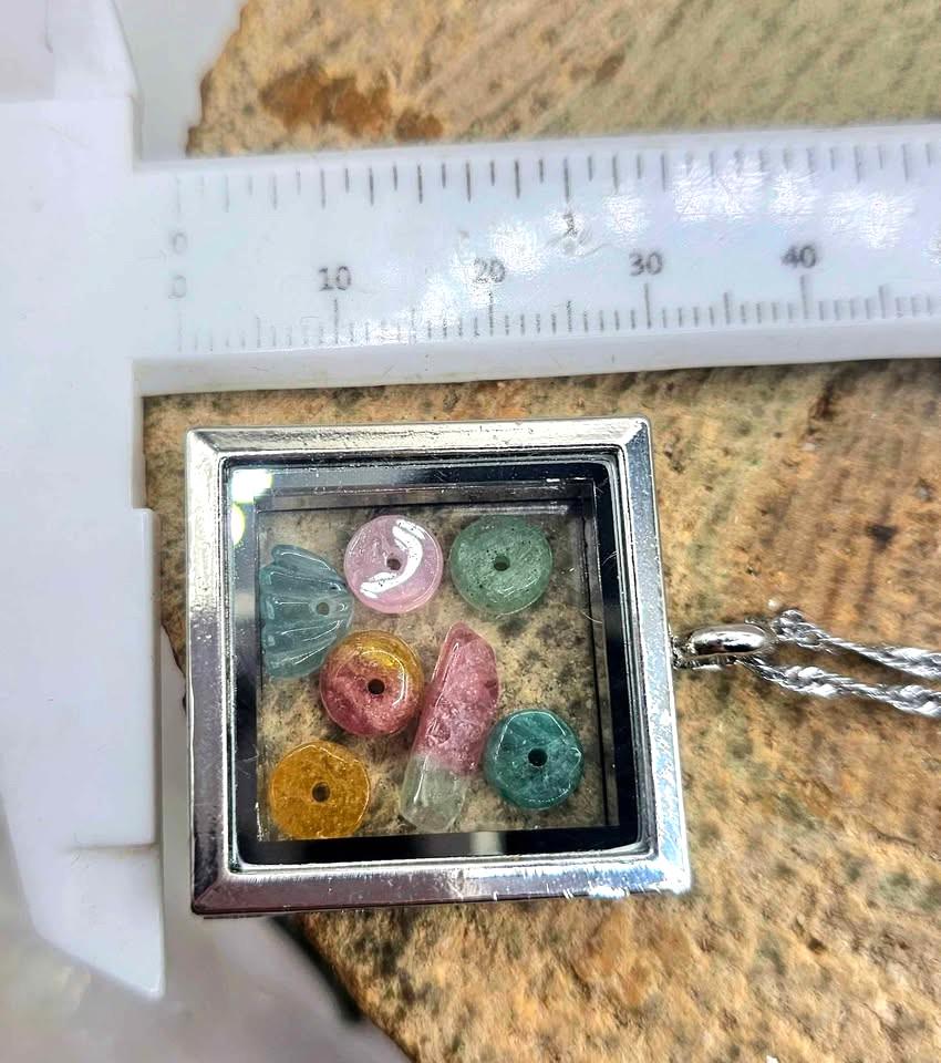 Nature Rainbow Tourmaline Beads Filled Silver Openable Floating Locket Pendant Necklace