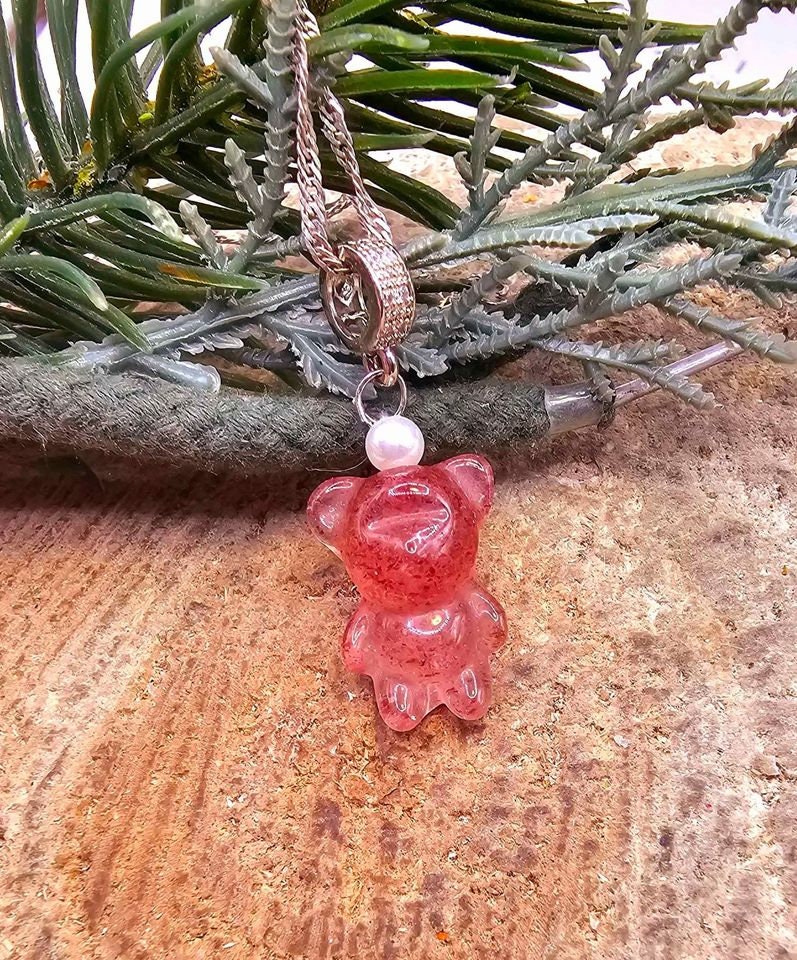 Adorable Nature Strawberry Quartz Hand Caved Bear Pendant Necklace