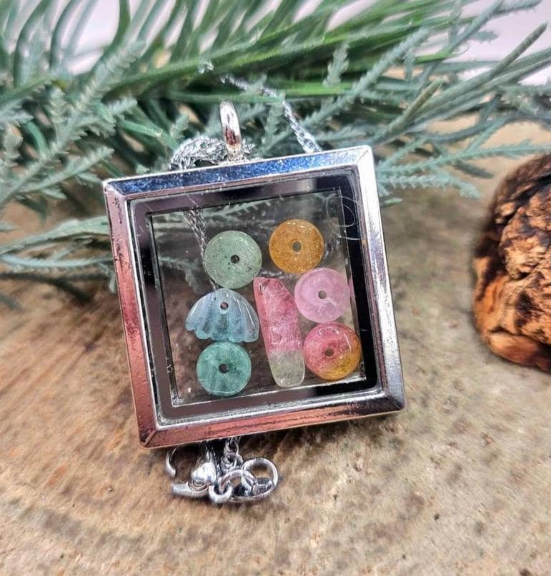 Nature Rainbow Tourmaline Beads Filled Silver Openable Floating Locket Pendant Necklace