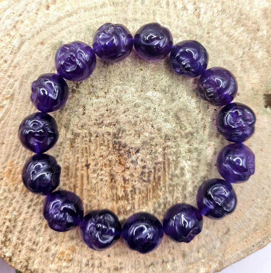 Rare Nature Amethyst Carved Happy Buddha Bead Bracelet