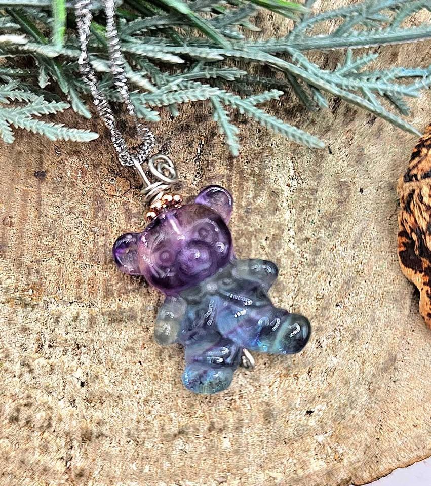 Nature Rainbow Fluorite Carved Bear Pendant Necklace