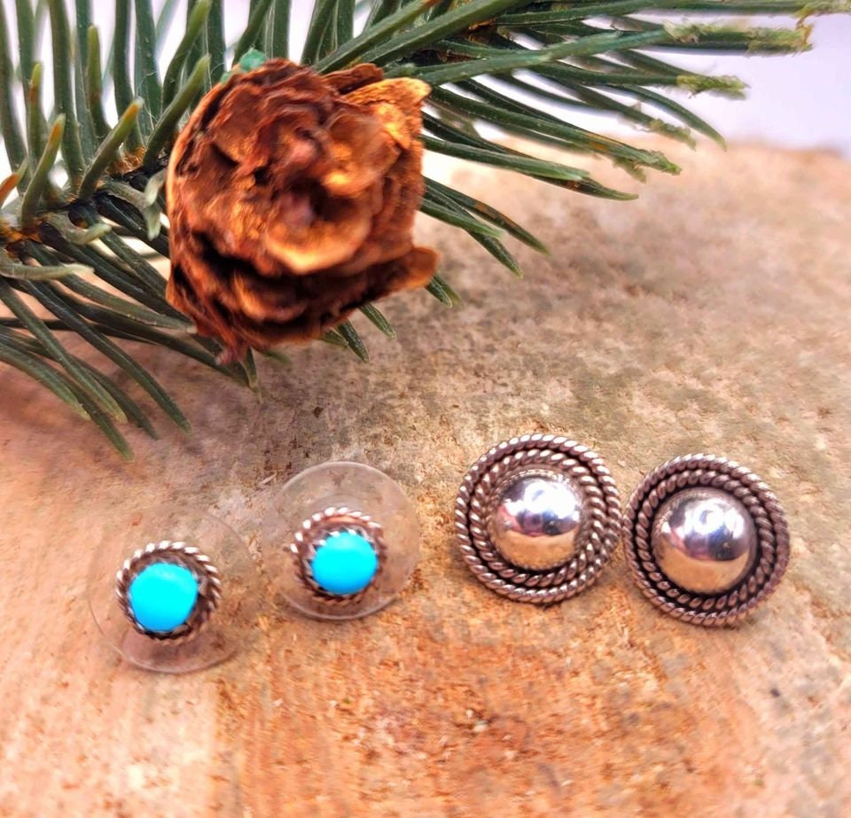 Beautiful 2 Pairs Of Nature Turquoise & Sterling Silver Patterned Earstuds